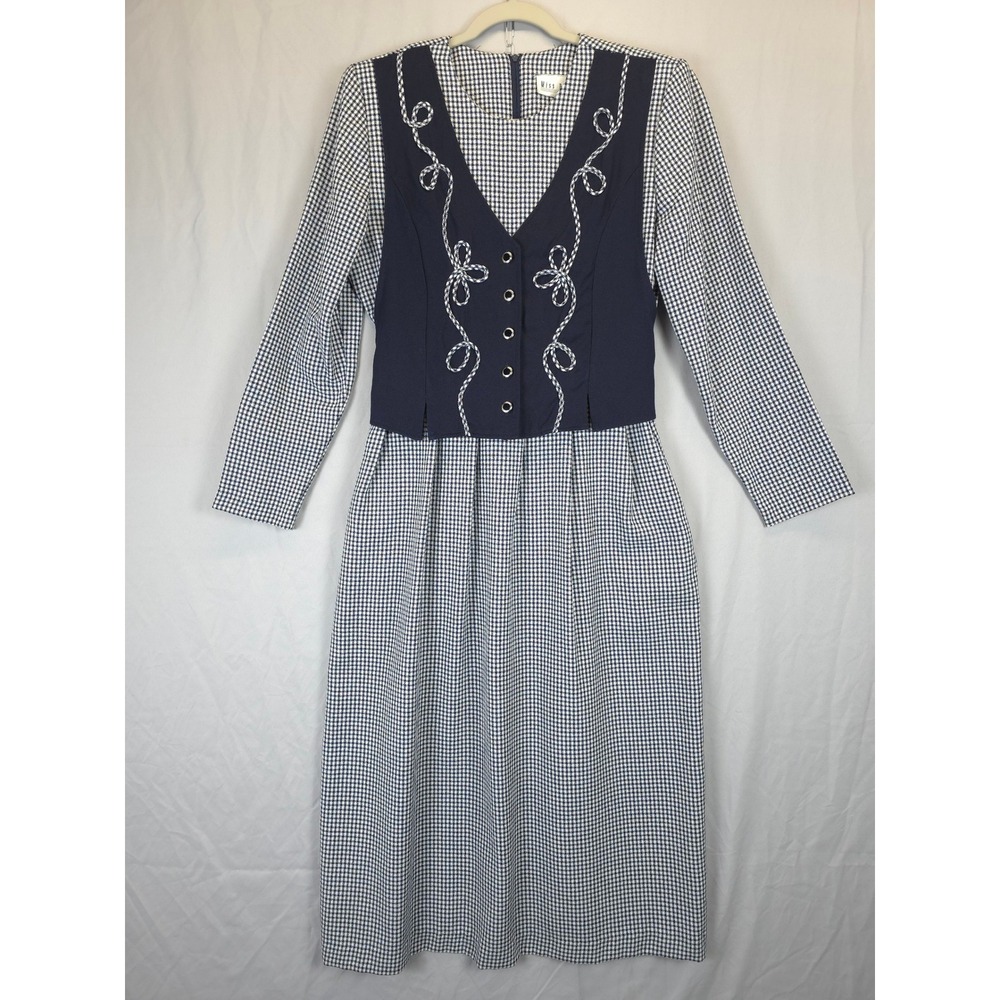 Miss Dorby Vintage Gingham Midi Dress Women L Navy White Tie Back Vest Folk Core
